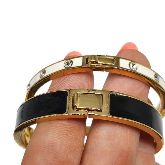 Kate Spade Bracelet Set of 2 Bangles Gold Black White Rhinestone Spade Sparkly - Picture 6 of 16